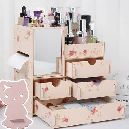 Wooden cosmetic storage box with cartoon pattern lid and six dividers, 25cm x 15cm x 8cm, in betel fruit colour