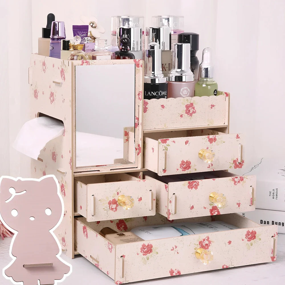 Wooden cosmetic storage box with cartoon pattern lid and six dividers, 25cm x 15cm x 8cm, in betel fruit colour