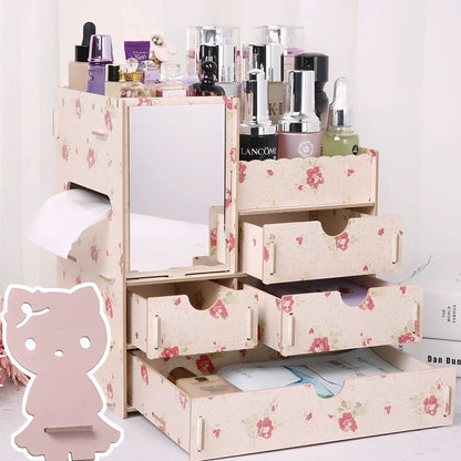 Wooden cosmetic storage box with cartoon pattern lid and six dividers, 25cm x 15cm x 8cm, in betel fruit colour