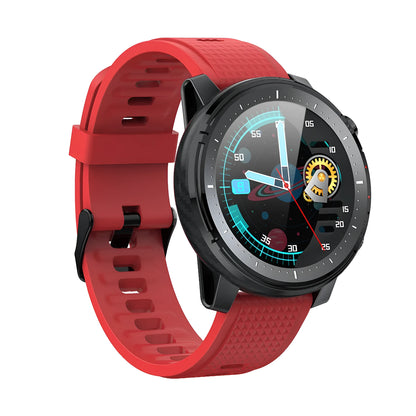 Black and red round Android smart watch with silicone strap and 1.3-inch screen.