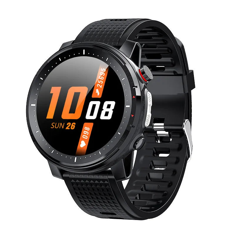 Black and red round Android smart watch with silicone strap and 1.3-inch screen.