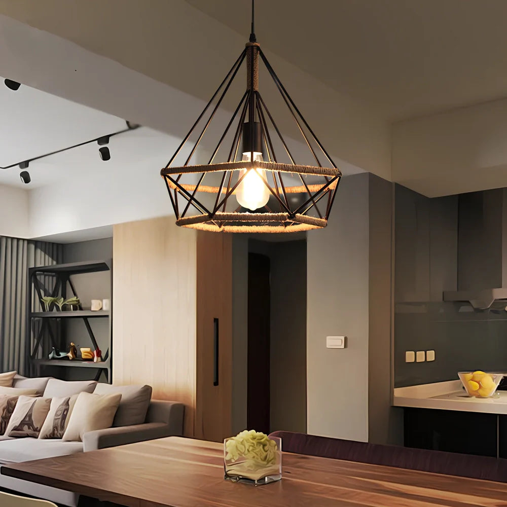 Industrial-style retro chandelier with rustic twine details and adjustable height mechanism up to 1 metre