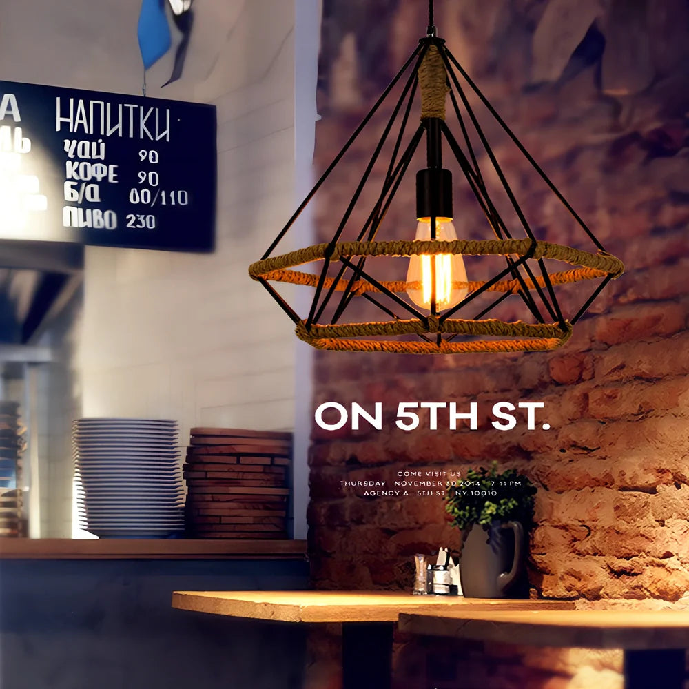 Industrial-style retro chandelier with rustic twine details and adjustable height mechanism up to 1 metre