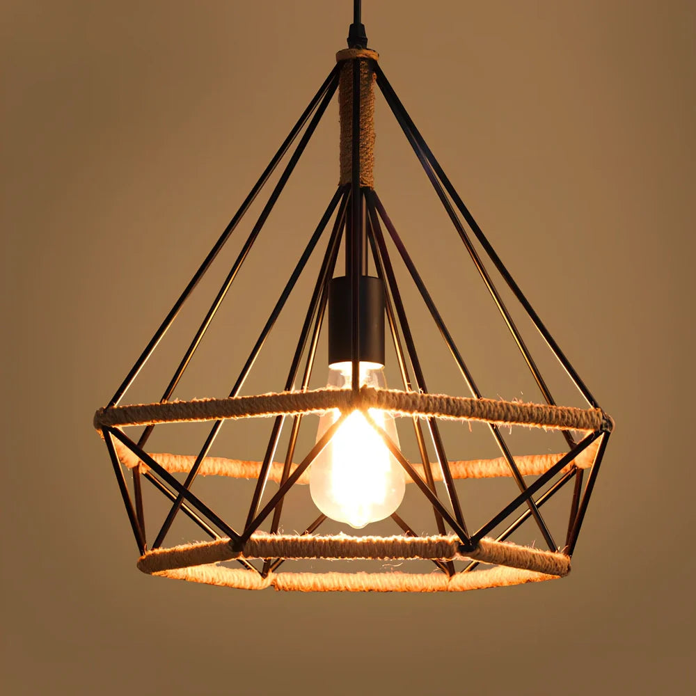 Industrial-style retro chandelier with rustic twine details and adjustable height mechanism up to 1 metre