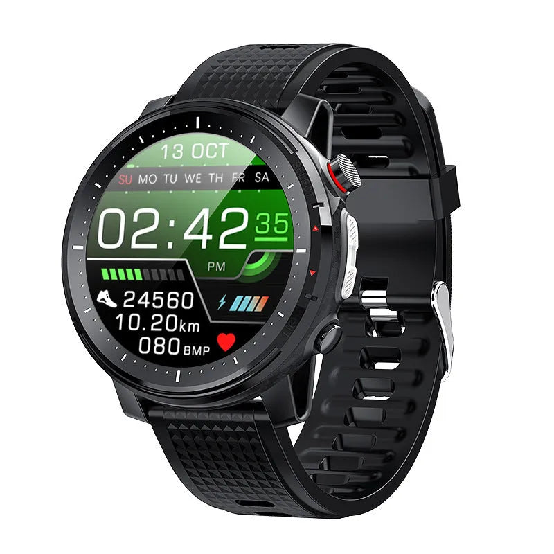 Black and red round Android smart watch with silicone strap and 1.3-inch screen.