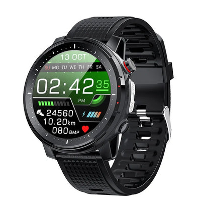 Black and red round Android smart watch with silicone strap and 1.3-inch screen.