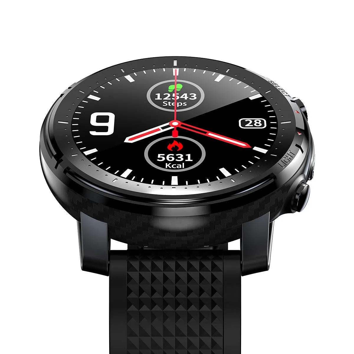 Black and red round Android smart watch with silicone strap and 1.3-inch screen.