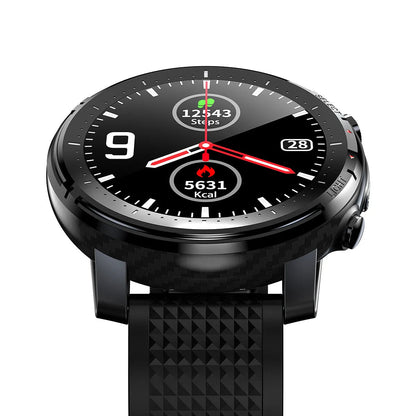 Black and red round Android smart watch with silicone strap and 1.3-inch screen.