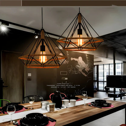 Industrial-style retro chandelier with rustic twine details and adjustable height mechanism up to 1 metre