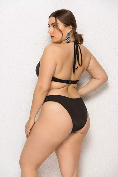 Black deep V-neck one-piece swimsuit with skirt for women, plus-size options available
