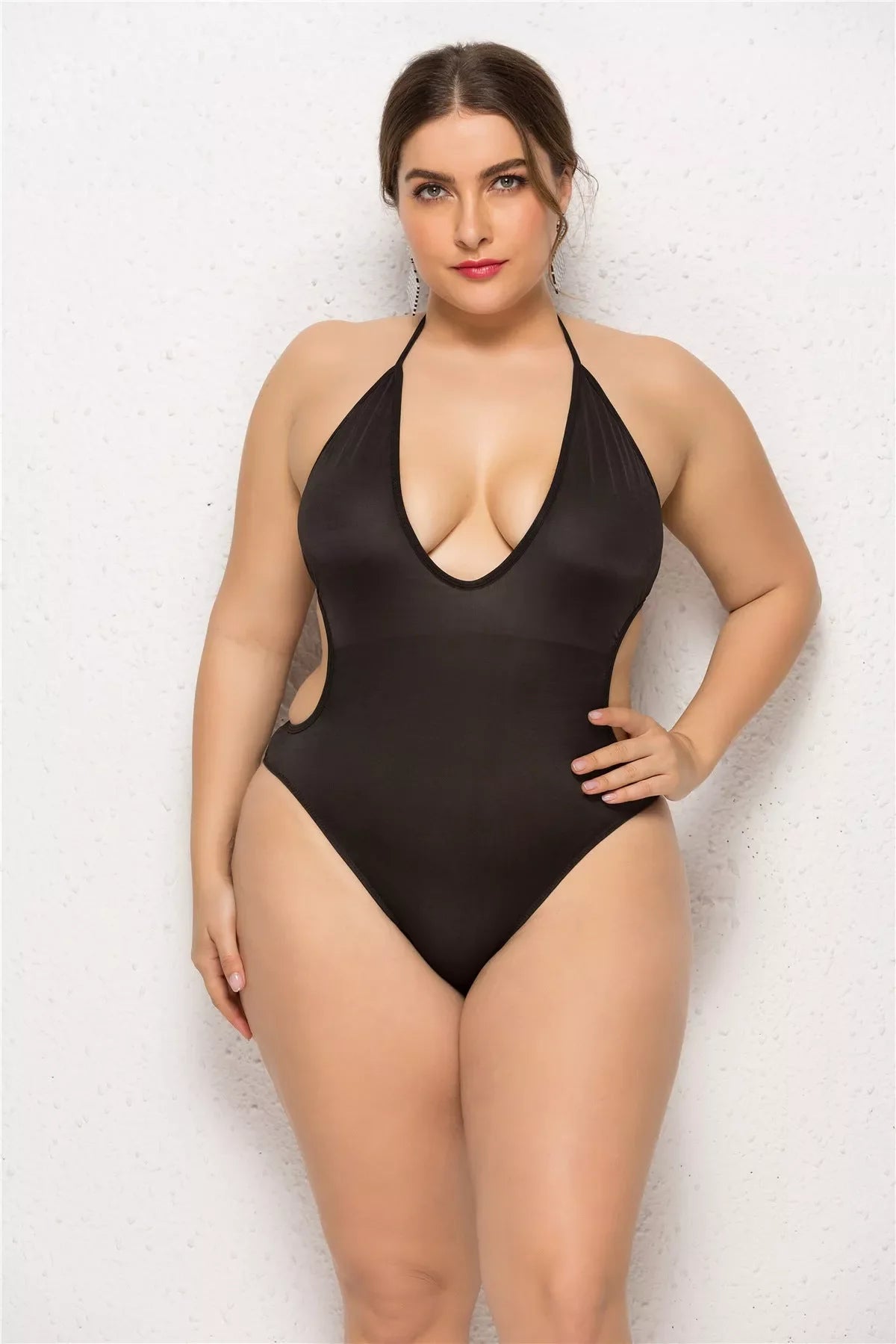 Black deep V-neck one-piece swimsuit with skirt for women, plus-size options available
