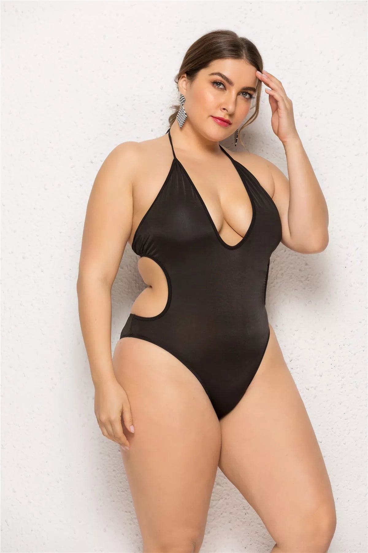 Black deep V-neck one-piece swimsuit with skirt for women, plus-size options available