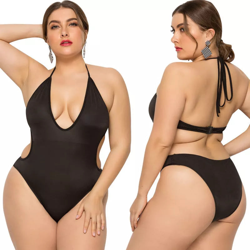 Black deep V-neck one-piece swimsuit with skirt for women, plus-size options available