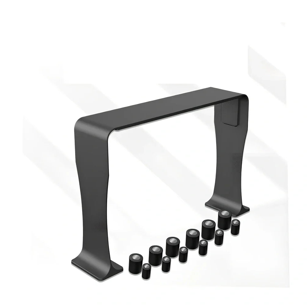 Black magnetic make-up brush drying rack with 12 silicone caps on desktop
