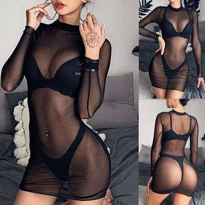 Sheer black mesh bikini with long sleeves, bold and sophisticated swimwear