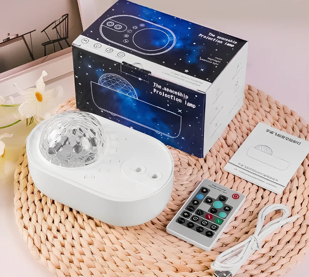 White music laser projector showing wave patterns on ceiling with remote control