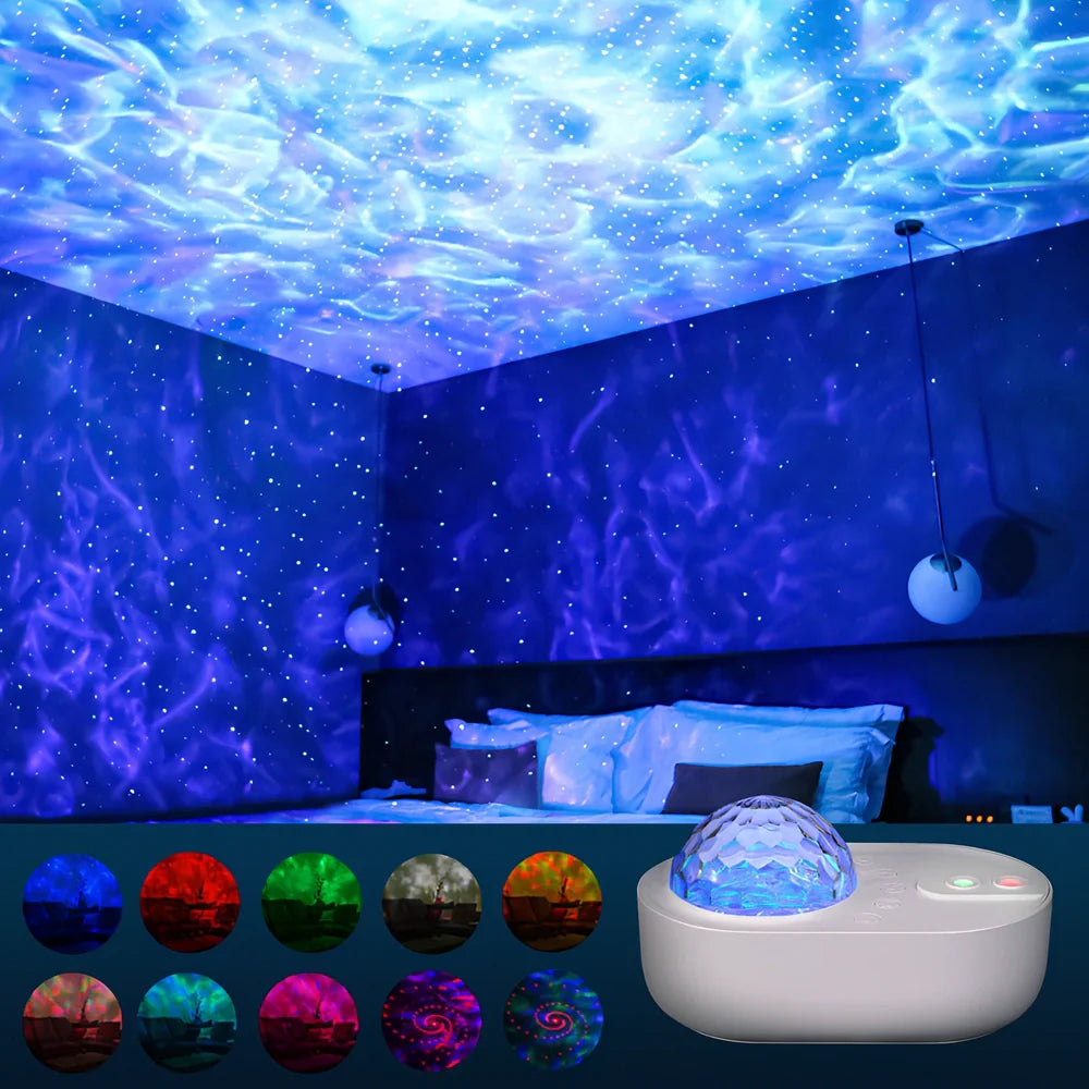White music laser projector showing wave patterns on ceiling with remote control