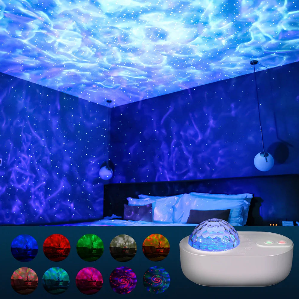 White music laser projector showing wave patterns on ceiling with remote control