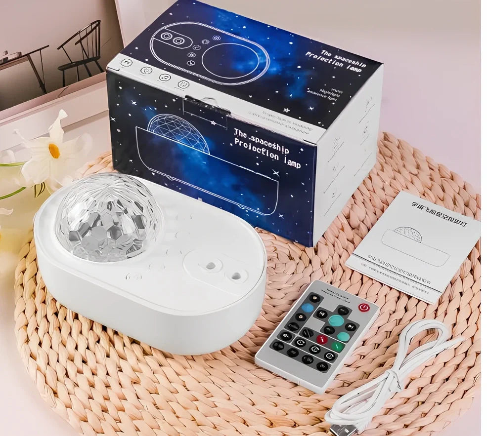 White music laser projector showing wave patterns on ceiling with remote control