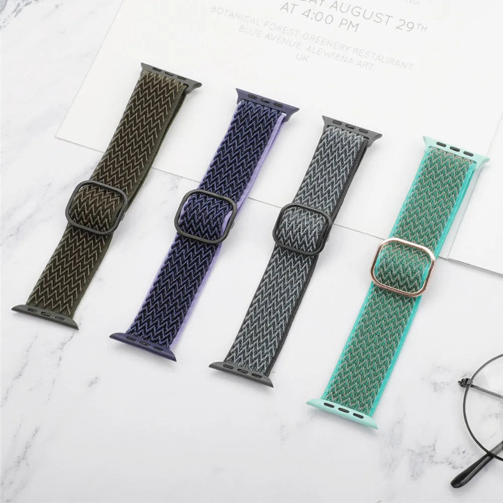Braided nylon elastic strap for Apple Watch showing wave pattern texture in midnight blue colour