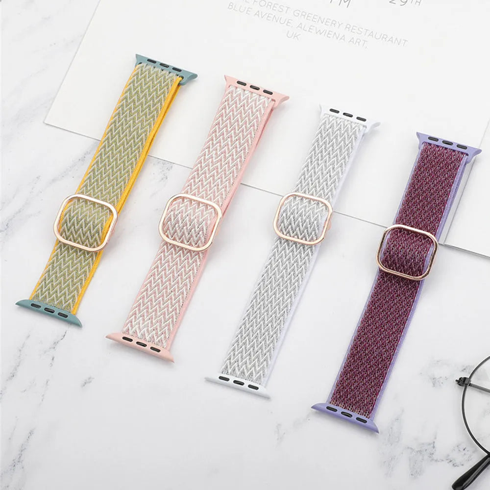 Braided nylon Apple Watch strap with wave pattern in multiple colours showing adjustable elastic construction