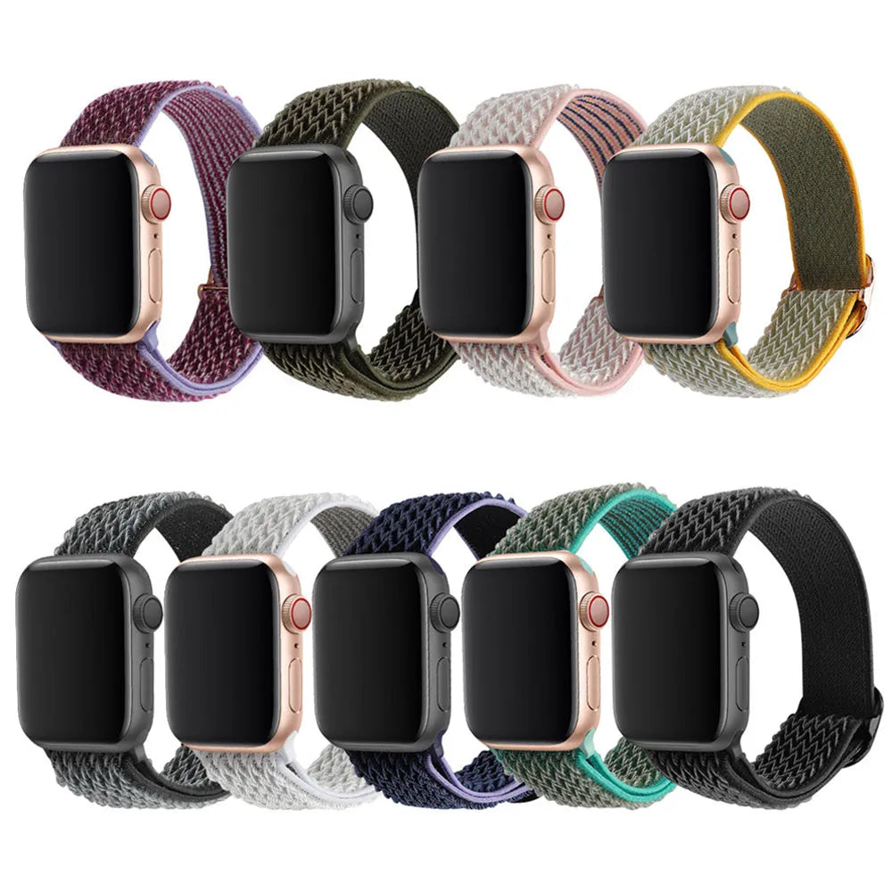 Braided nylon elastic strap for Apple Watch showing wave pattern texture in midnight blue colour