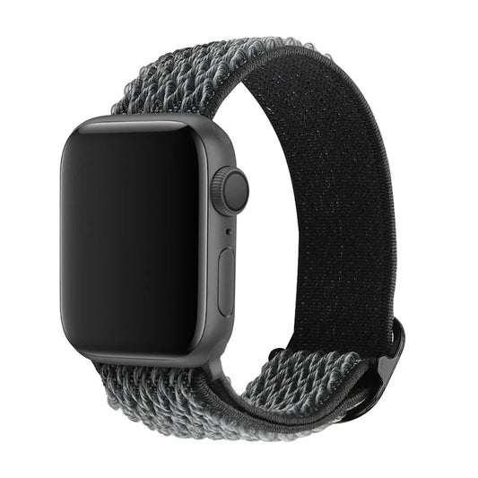 Braided nylon Apple Watch strap with wave pattern in multiple colours showing adjustable elastic construction