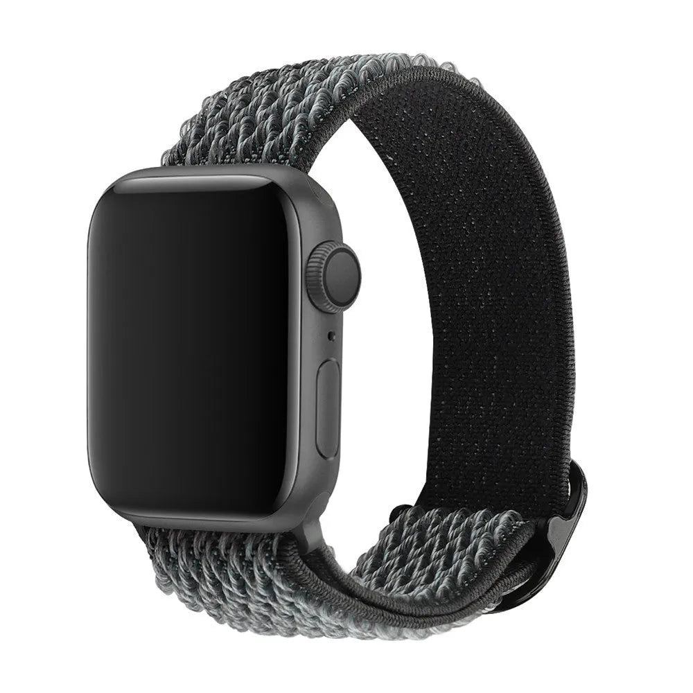 Braided nylon elastic strap for Apple Watch showing wave pattern texture in midnight blue colour