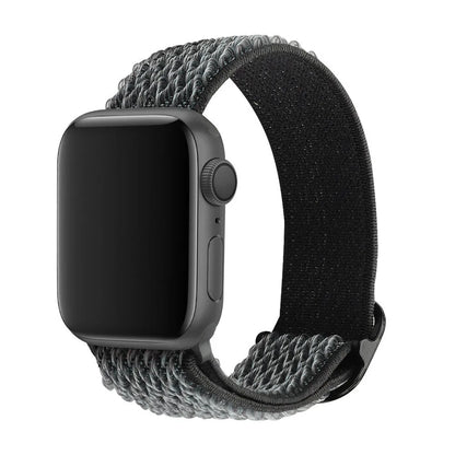 Braided nylon elastic strap for Apple Watch showing wave pattern texture in midnight blue colour