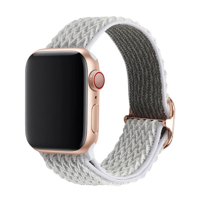 Braided nylon Apple Watch strap with wave pattern in multiple colours showing adjustable elastic construction