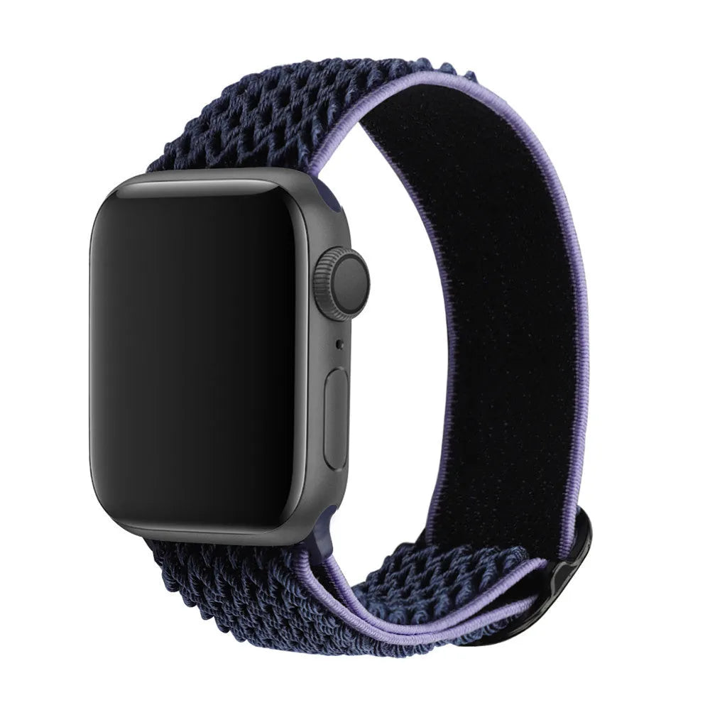 Braided nylon elastic strap for Apple Watch showing wave pattern texture in midnight blue colour