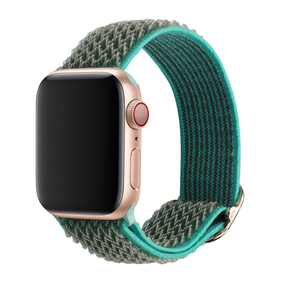 Braided nylon Apple Watch strap with wave pattern in multiple colours showing adjustable elastic construction