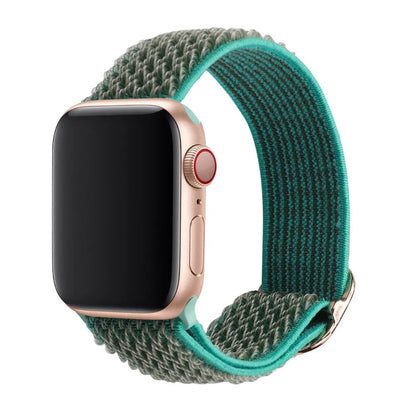 Braided nylon elastic strap for Apple Watch showing wave pattern texture in midnight blue colour