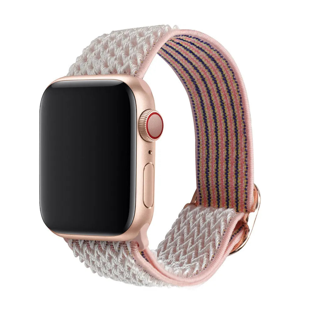 Braided nylon Apple Watch strap with wave pattern in multiple colours showing adjustable elastic construction