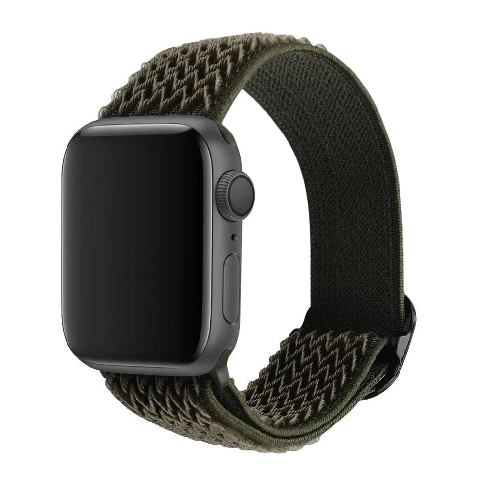 Braided nylon Apple Watch strap with wave pattern in multiple colours showing adjustable elastic construction