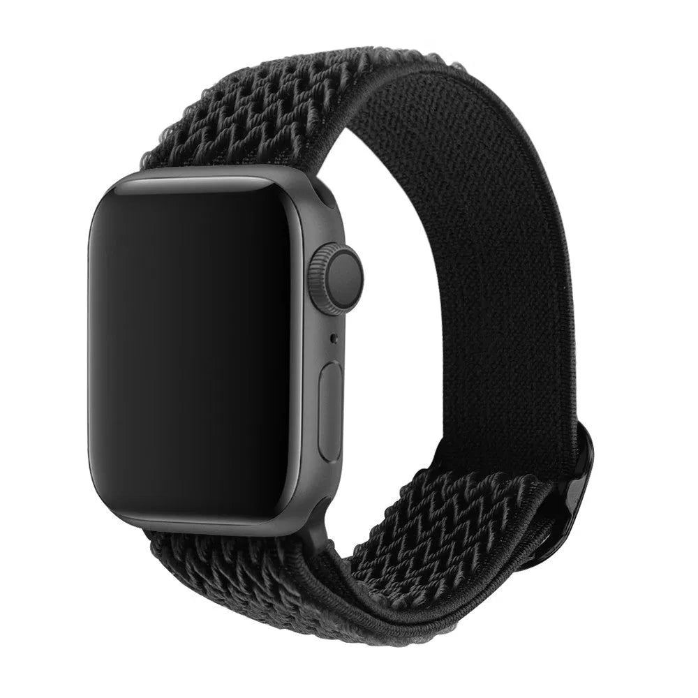 Braided nylon Apple Watch strap with wave pattern in multiple colours showing adjustable elastic construction