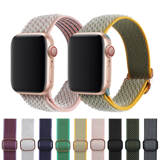 Braided nylon elastic strap for Apple Watch showing wave pattern texture in midnight blue colour
