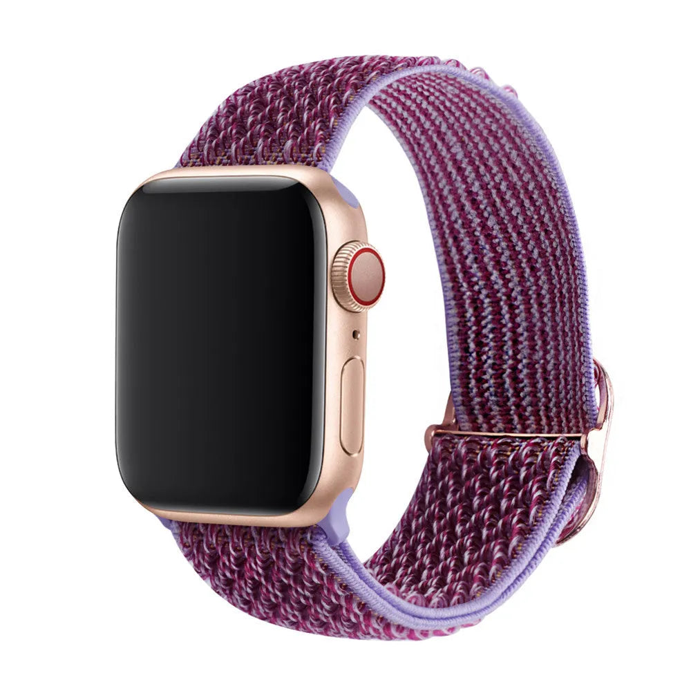 Braided nylon Apple Watch strap with wave pattern in multiple colours showing adjustable elastic construction