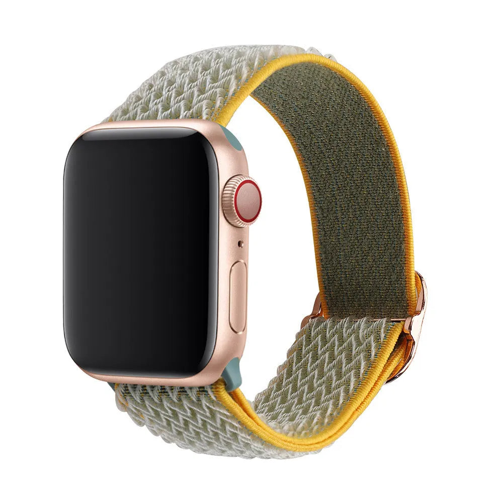 Braided nylon elastic strap for Apple Watch showing wave pattern texture in midnight blue colour