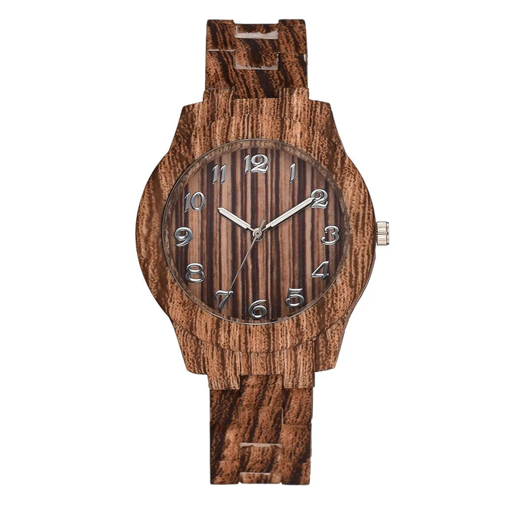 Men's and women's couple quartz watch with wood grain dial on a silicone strap