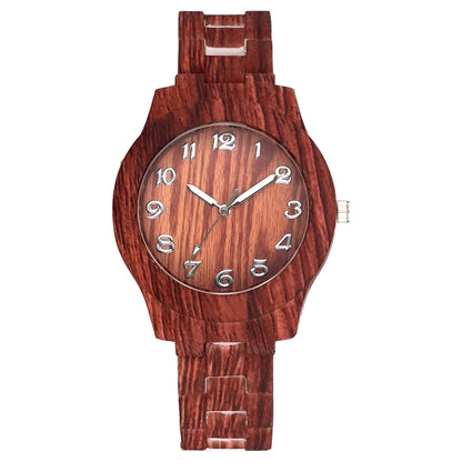 Men's and women's couple quartz watch with wood grain dial on a silicone strap