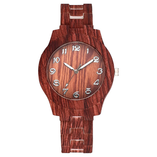 Men's and women's couple quartz watch with wood grain dial on a silicone strap