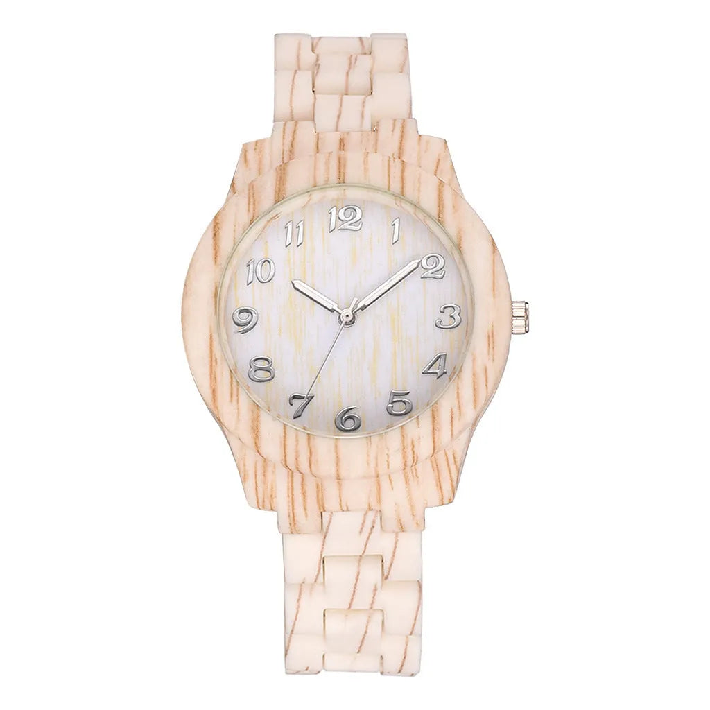 Men's and women's couple quartz watch with wood grain dial on a silicone strap