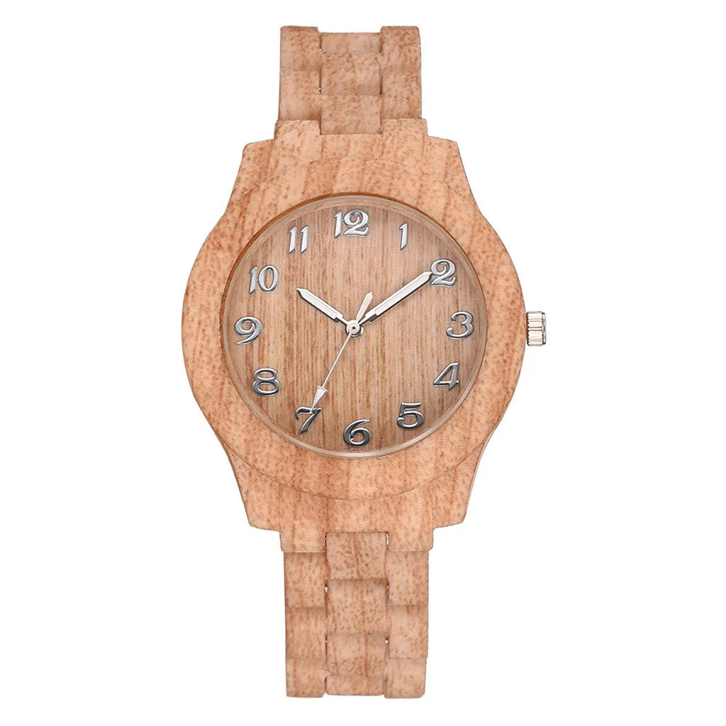 Men's and women's couple quartz watch with wood grain dial on a silicone strap