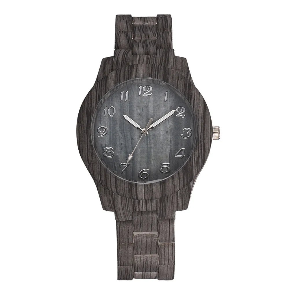 Men's and women's couple quartz watch with wood grain dial on a silicone strap