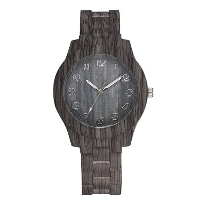 Men's and women's couple quartz watch with wood grain dial on a silicone strap