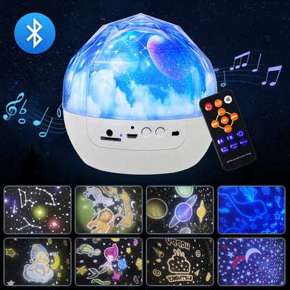 Compact white starry sky projector lamp with Bluetooth speaker projecting constellation images on a blue wall.