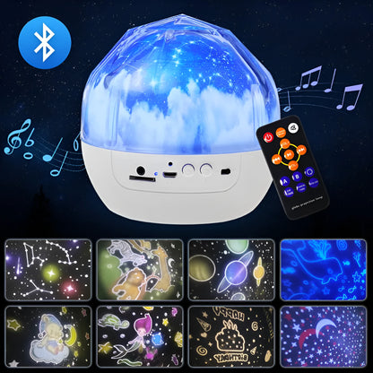 Compact white starry sky projector lamp with Bluetooth speaker projecting constellation images on a blue wall.