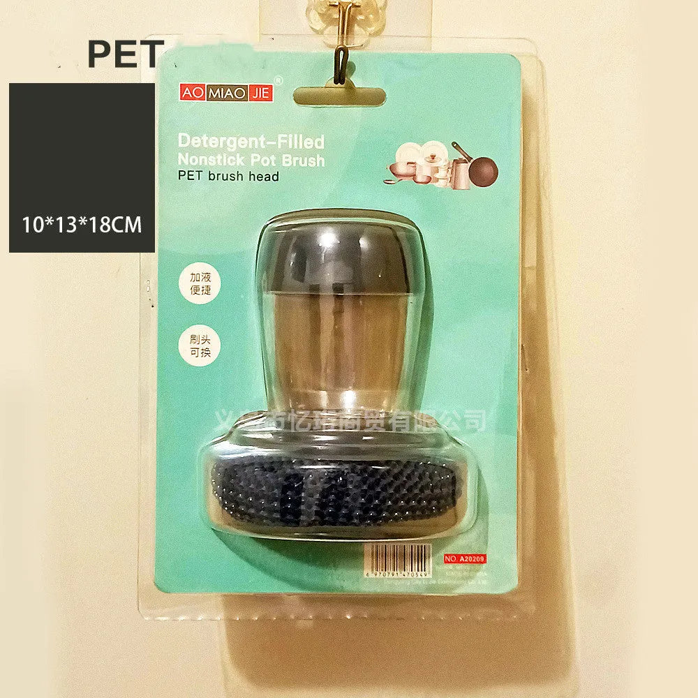 Black and gold kitchen palm brush with soap dispenser for scrubbing stoves and tiles