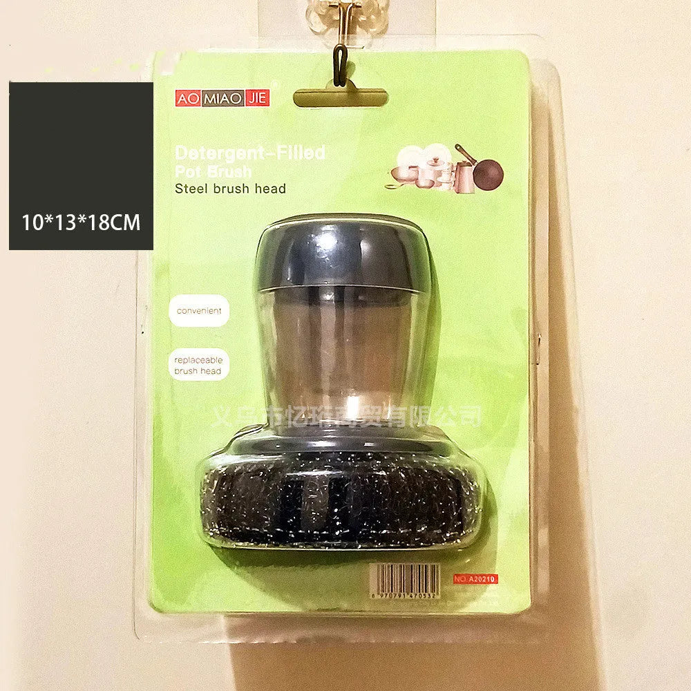 Black and gold kitchen palm brush with soap dispenser for scrubbing stoves and tiles